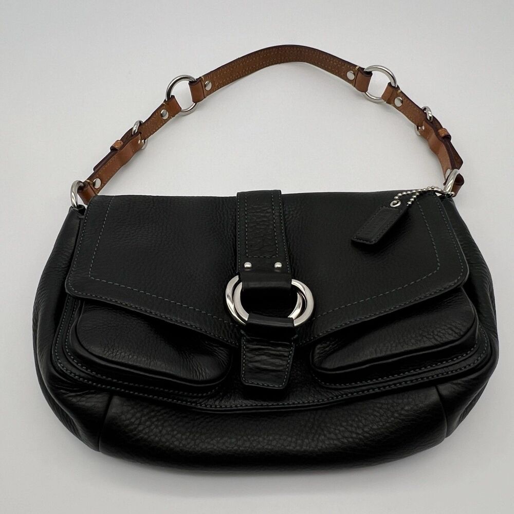 Vintage Coach Chelsea Leather Black Shoulder Bag with Brown Strap Hobo Excellent